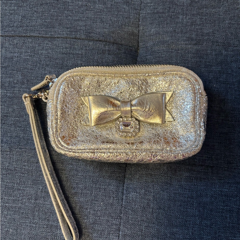 My Flat in London Silver Clutch with Jeweled Bow Accent